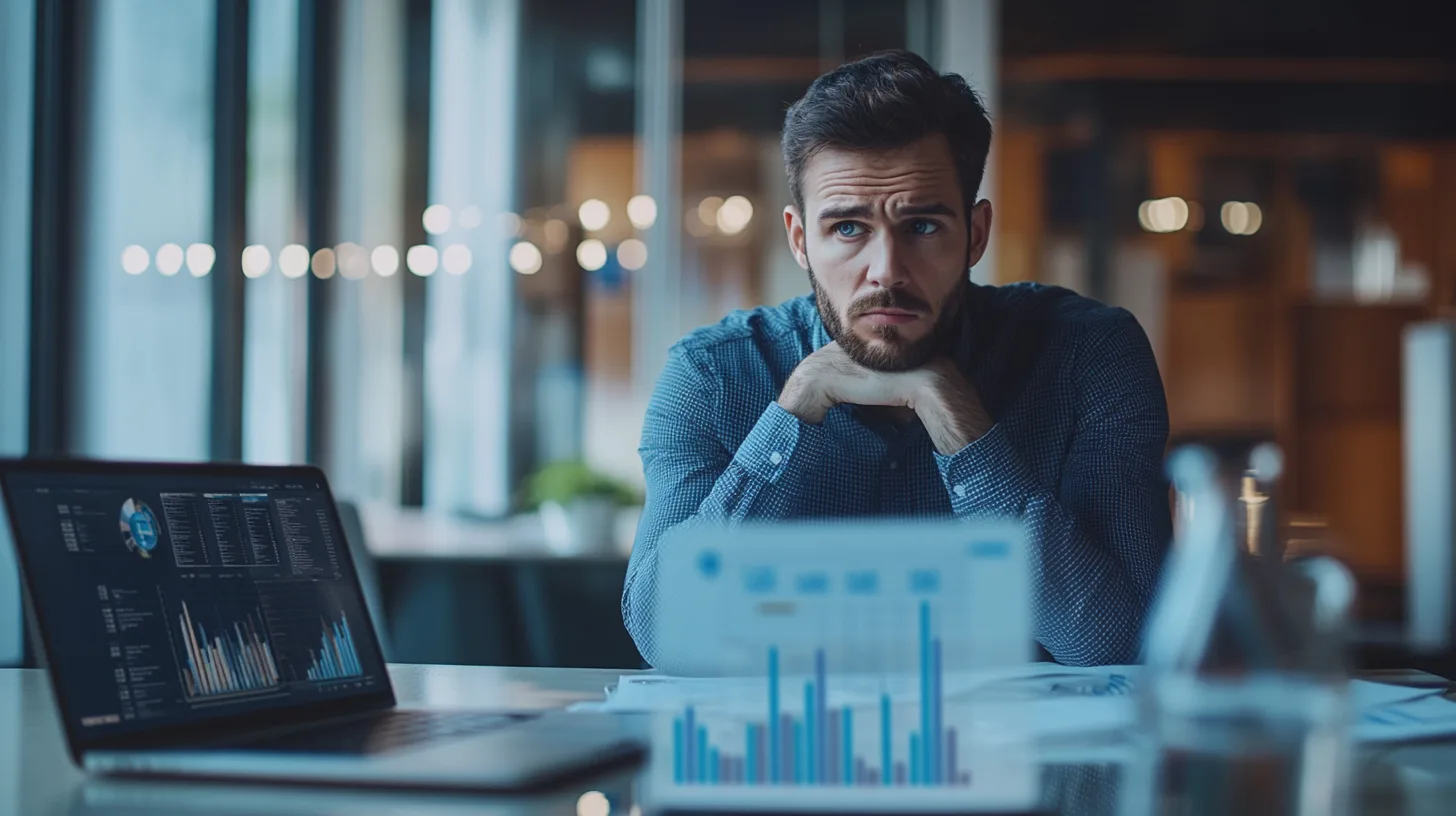 Midcent: En medelålders man framför en dator med datadiagram, visuellt stressad. Affärsmiljö med fokus på ekonomiska utmaningar och arbetsrelaterade beslut. Business casual-klädsel. Kategorin: Ekonomi.