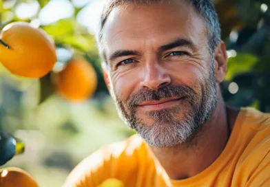 Midcent: En medelålders man ler bland apelsinträd i solig trädgård. Bilden förmedlar en känsla av friskhet och naturlig skönhet, perfekt för hälsosamt leverne. Kategorin är Natur.