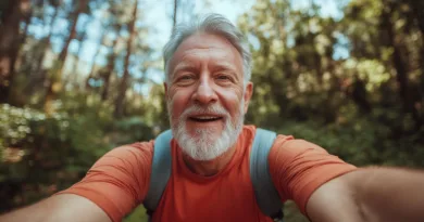Midcent: En medelålders man njuter av en vandringstur i skogen, klädd i röd t-shirt och ryggsäck. Ansiktet uttrycker glädje och lugn omgiven av frodig grönska, perfekt för utomhusälskare. Kategori: Resa.