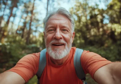 Midcent: En medelålders man njuter av en vandringstur i skogen, klädd i röd t-shirt och ryggsäck. Ansiktet uttrycker glädje och lugn omgiven av frodig grönska, perfekt för utomhusälskare. Kategori: Resa.