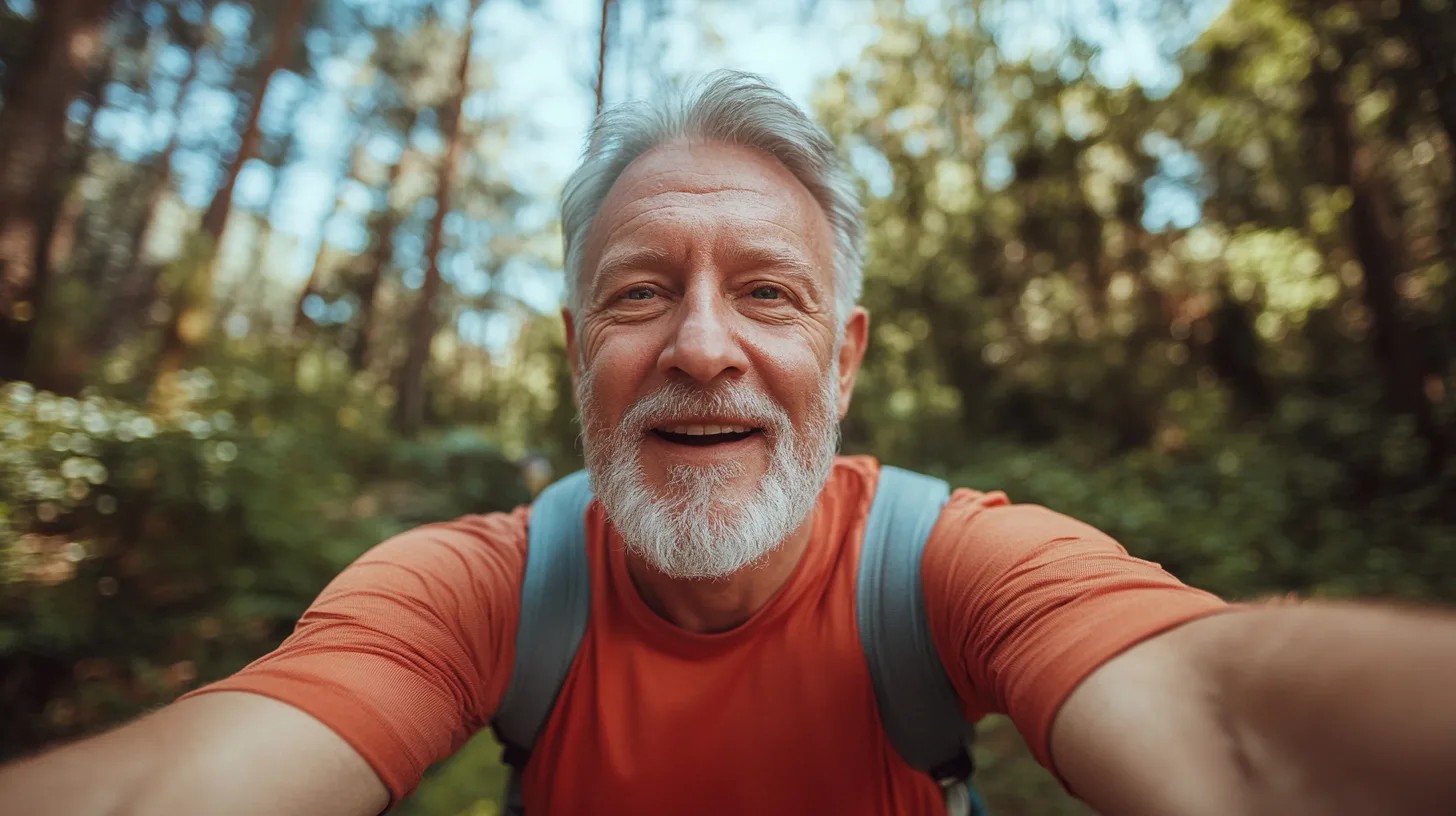 Midcent: En medelålders man njuter av en vandringstur i skogen, klädd i röd t-shirt och ryggsäck. Ansiktet uttrycker glädje och lugn omgiven av frodig grönska, perfekt för utomhusälskare. Kategori: Resa.