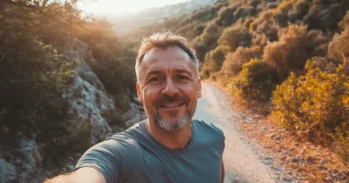 Midcent, en medelålders man, njuter av en solig dag i naturen. Han promenerar längs en pittoresk grusstig omgiven av frodig grönska och berg. Perfekt ögonblick för avkoppling och frisk luft.Kategori: Resa.