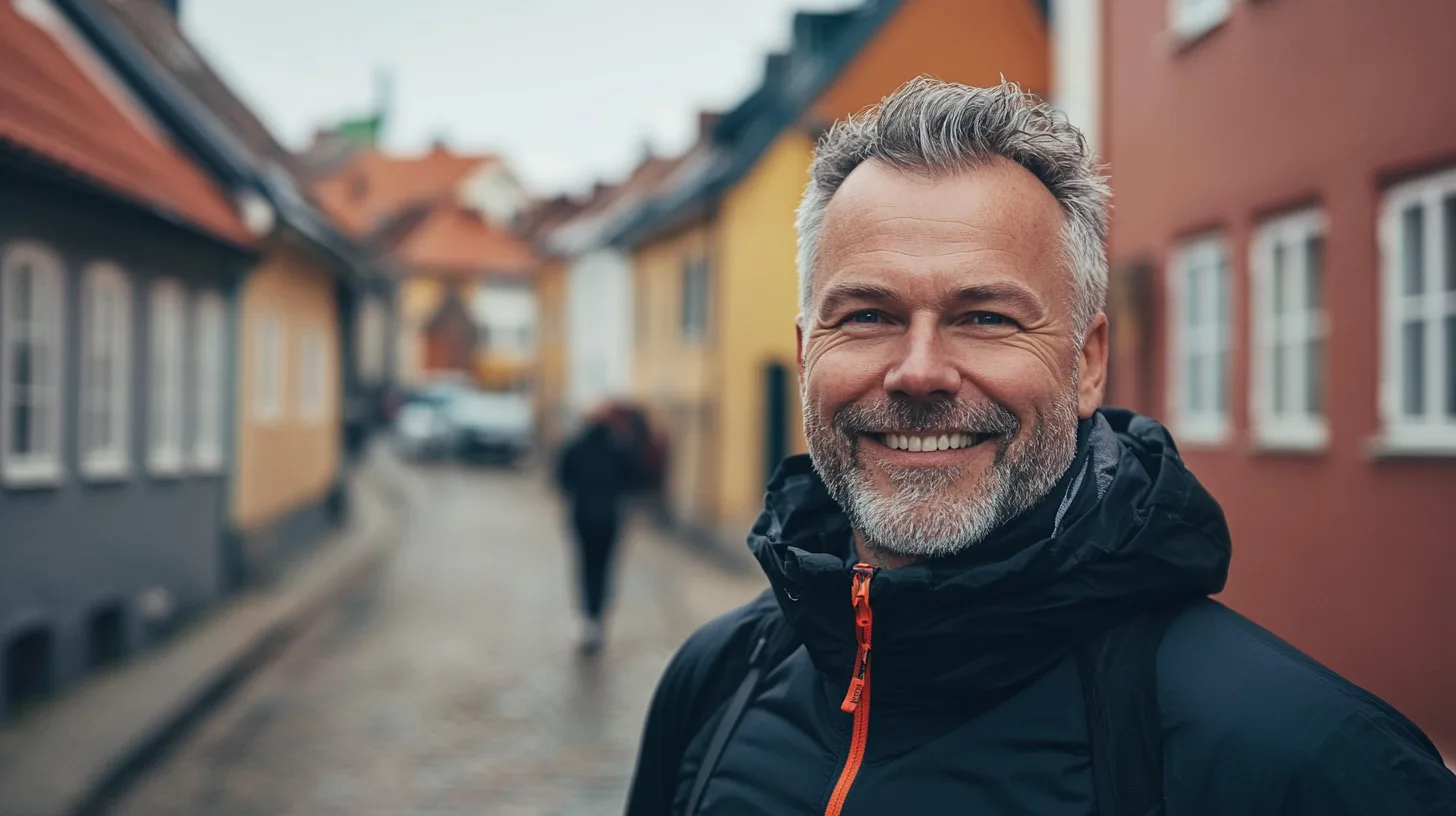 En medelålders man ler på en pittoresk gata med färgglada byggnader i bakgrunden, vilket skapar en stämningsfull atmosfär. Miljön skapar känslan av en autentisk och trivsam plats. Midcent. Resa.