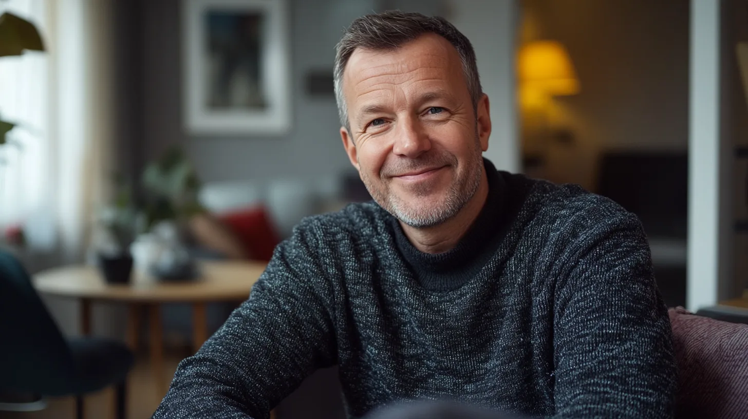 Midcent: En medelålders man med grå tröja i ett mysigt vardagsrum, leende och avslappnad. Bakgrunden innehåller ljus belysning och inredning. Perfekt bild för artiklar om livsstil och hemmets betydelse. Kategori: Samhälle.