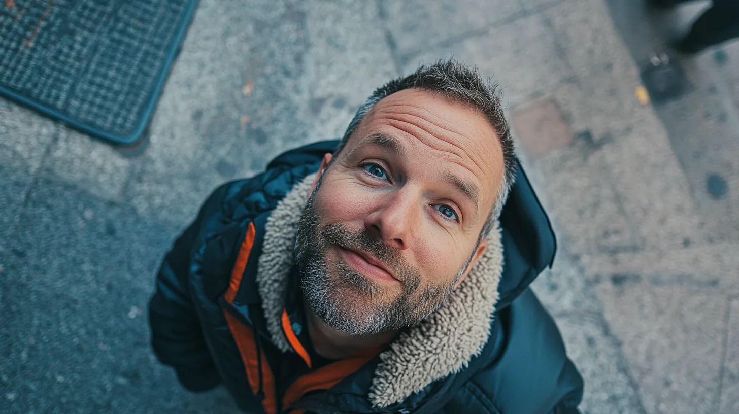 Midcent porträtterar en medelålders man med vinterjacka och skäggstubb, fångad i en avslappnad gatubild. Känsla av stadsliv och personlig stil. Perfekt för marknadsföring och personlig branding. Kategori: Samhälle.