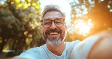 Midcent: En medelålders man ler i solskenet, omgivet av naturens grönska. Fotot osar av glädje och livsnjutning, vilket ger det en varm och inbjudande atmosfär. Perfekt för en resa.