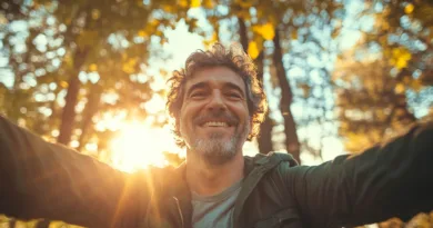 Midcent: En medelålders man ler i en solig skogsmiljö, omgiven av höstlöv och gyllene ljus. Hans glada uttryck och naturens glans skapar en känsla av välmående och livsglädje. Kategori: Hälsa.