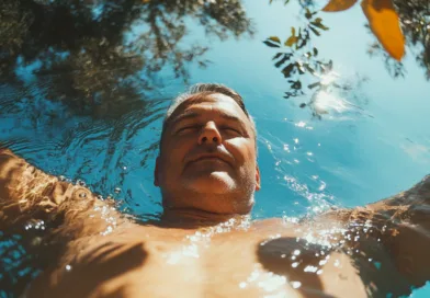 En medelålders man flyter avslappnat i klart vatten under solljus. Naturskönt med träd och himmel som reflekteras. Perfekt bild för att inspirera till avkoppling och mindfulness. Midcent – Hälsa.