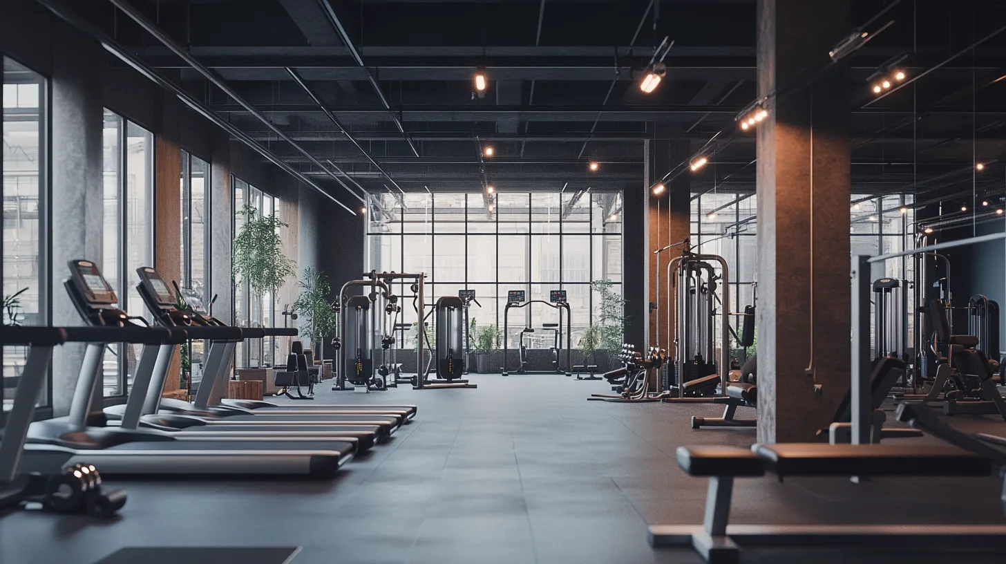 Midcent: Ett modernt gym med träningsutrustning, löpband och fria vikter, väl upplyst med stora fönster för naturligt ljus. Perfekt för fitnessentusiaster som söker en högkvalitativ träningsmiljö. Kategori: Hälsa.