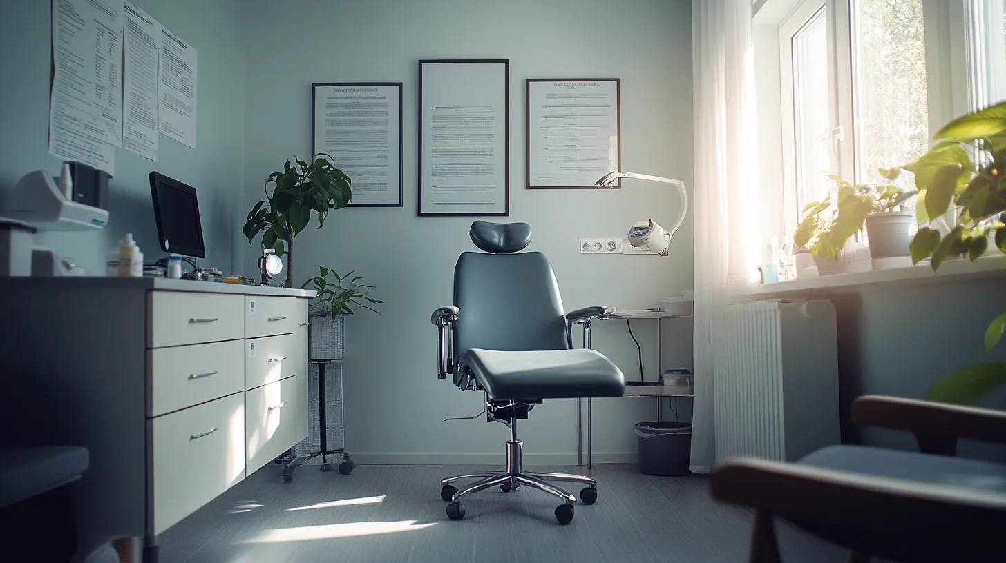 Midcent: En modern tandläkarmottagning med ergonomisk stol och klinisk inredning. Ljusa väggar, gröna växter och medicinsk utrustning skapar en professionell och lugnande atmosfär. Perfekt för högkvalitativ vårdupplevelse. Kategori: Hä