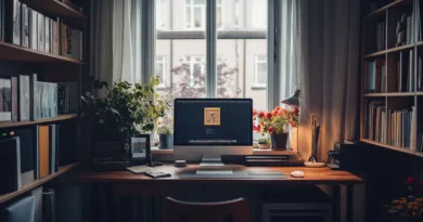 Midcent: Ett stilrent hemmakontor med modern dator, beläget vid fönster med utsikt över stadsmiljö. Omgivet av gröna växter och bokhyllor fulla av litteratur. Perfekt för arbete och inspiration. Kategori: Teknik.