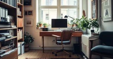 Midcent: Stilren hemmakontor med eleganta trämöbler och dator. Grönska från krukväxter bidrar till en lugn arbetsmiljö. Idealisk för produktivitet och kreativitet i teknikens värld. Perfekt belysning från stort fönster.Kategori: Teknik.