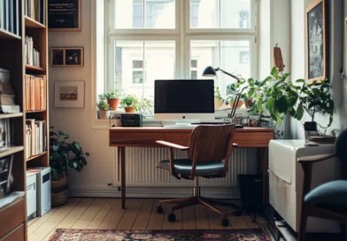 Midcent: Stilren hemmakontor med eleganta trämöbler och dator. Grönska från krukväxter bidrar till en lugn arbetsmiljö. Idealisk för produktivitet och kreativitet i teknikens värld. Perfekt belysning från stort fönster.Kategori: Teknik.