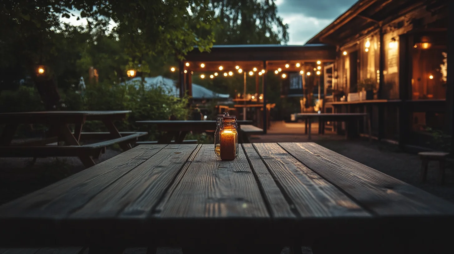 Midcent bjuder på en stämningsfull utomhusmiljö med mysiga ljusslingor och lyktor över rustikt träbord. Perfekt för en avkopplande kväll i skärgården. Här blandas natur med charmig belysning för en unik atmosfär. Kategori: Resa