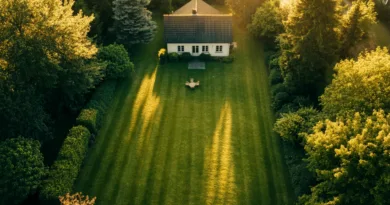 Midcent: Ett idylliskt hus omgivet av en grönskande trädgård och symmetrisk gräsmatta, belyst av mjukt solljus. Perfekt för sommarens avkoppling och stillhet. Kategori: Resa.