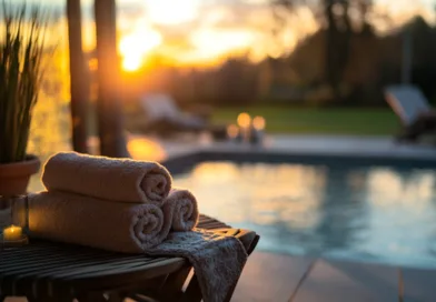 Midcent: Spa-upplevelse vid poolen med handdukar och levande ljus i solnedgång. Perfekt för avkoppling och harmoni. Underhållning.