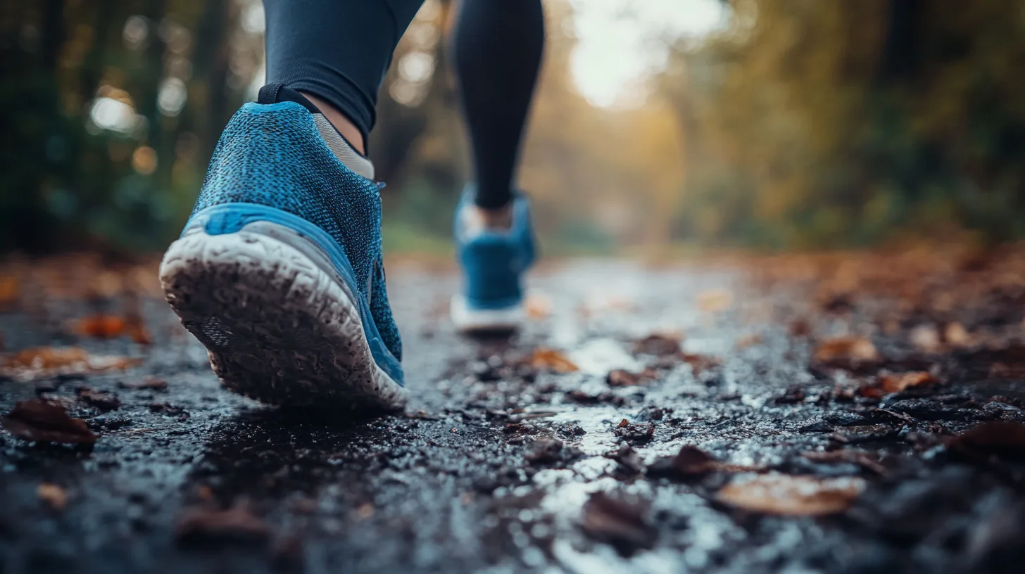 Midcent - En person springer i ett höstlandskap, med fokus på blå löparskor och blöta löv på stigen. Upplev frihet och frisk luft i naturen, perfekt för en hälsosam och aktiv livsstil. Kategori: Hälsa.