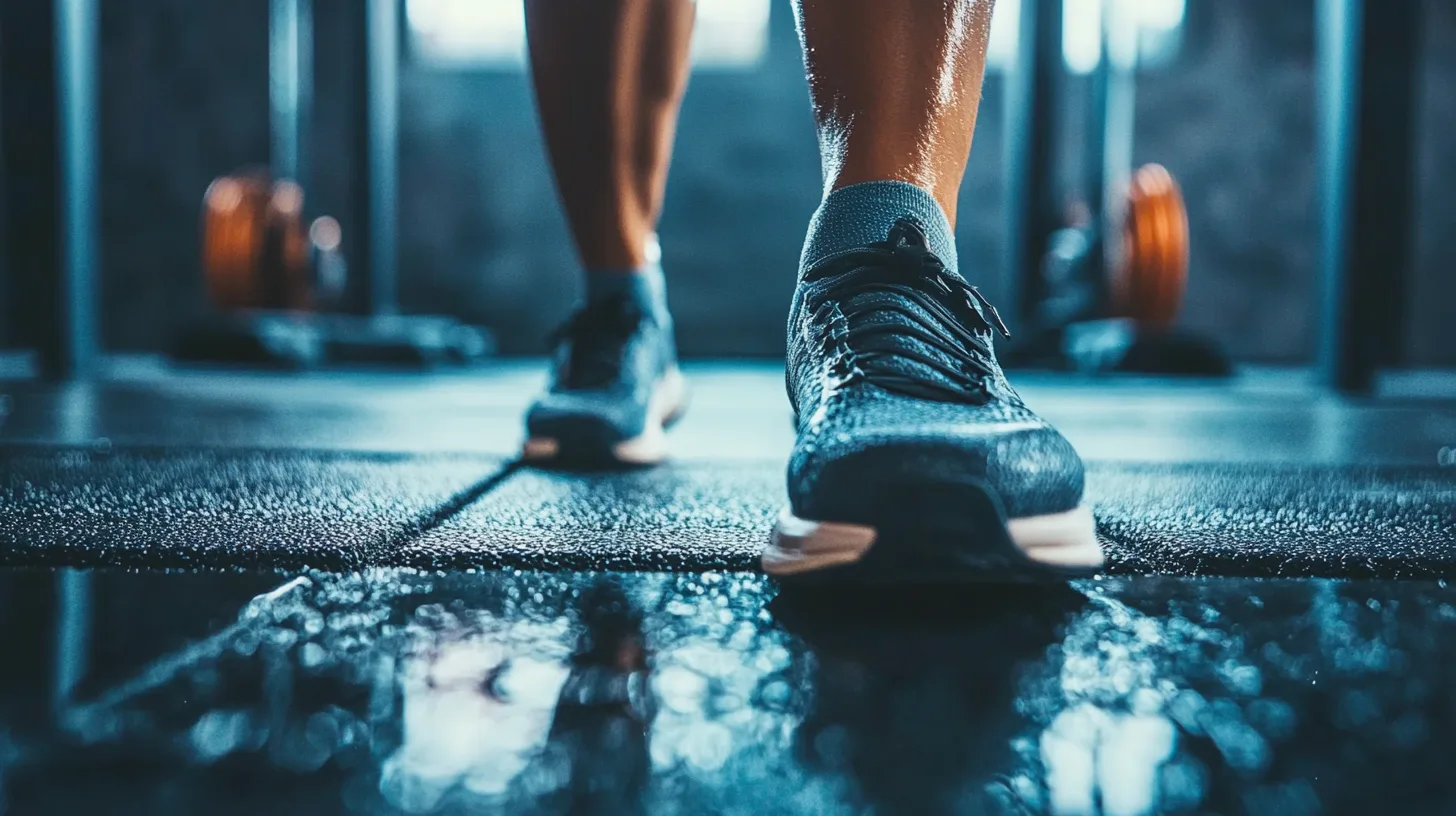 Midcent - Närbild av en person som tränar på gymmet med fokus på löparskor. Bilden fångar energi och beslutsamhet, idealisk för hälsoentusiaster och träning. Perfekt för artiklar om fitness och välmående. Kategori: Hälsa.