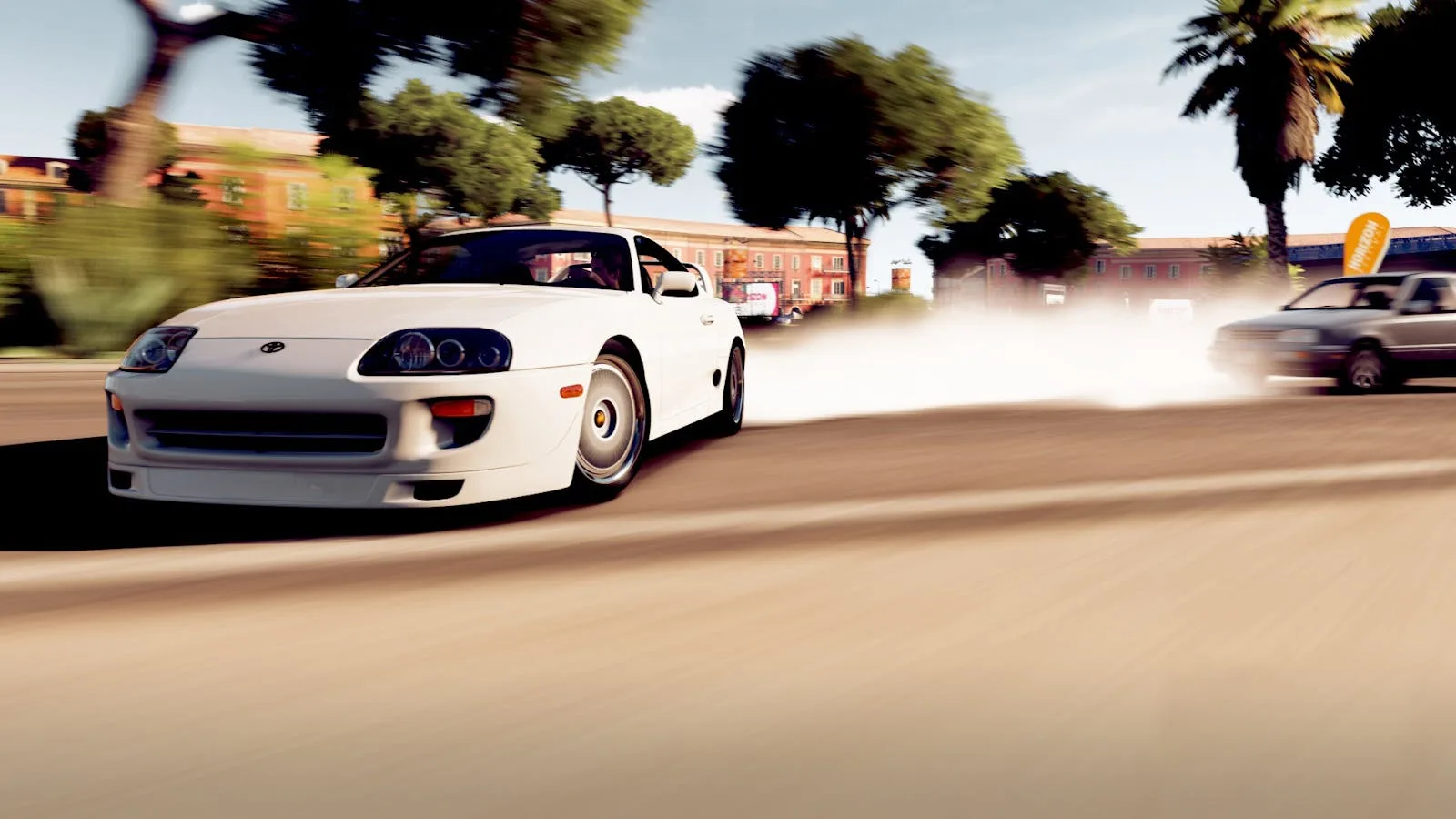 A white sports car drifting on a sunny day with smoke trail on an urban road.