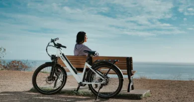 man in black shirt sitting on brown wooden bench beside black and white bicycle during daytime