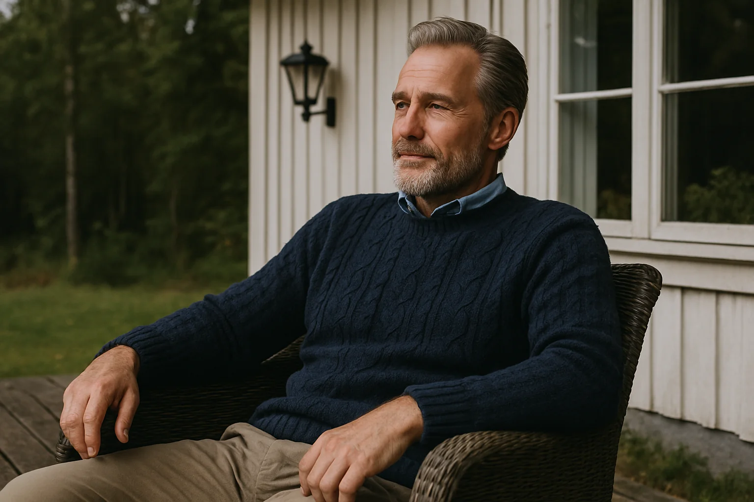 En medelålders man sitter avslappnad på en veranda, klädd i en stickad tröja. Höstlig miljö förstärker atmosfären av lugn och eftertänksamhet. Midcent - Samhälle.