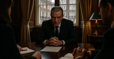 Midcent: En medelålders man i kostym sitter vid ett skrivbord i ett elegant kontor, omgiven av två personer. Dokument och anteckningar syns på bordet, vilket signalerar en viktig affärsmöte. Kategori: Ekonomi.