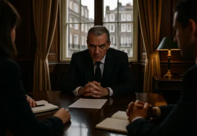 Midcent: En medelålders man i kostym sitter vid ett skrivbord i ett elegant kontor, omgiven av två personer. Dokument och anteckningar syns på bordet, vilket signalerar en viktig affärsmöte. Kategori: Ekonomi.