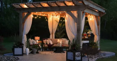 photo of gazebo with curtain and string lights