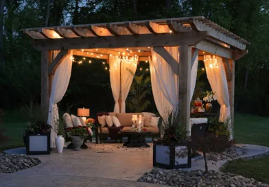 photo of gazebo with curtain and string lights