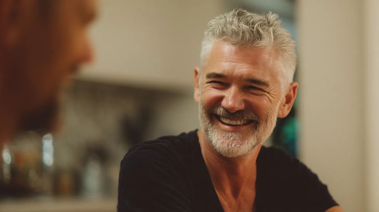 Midcent: En medelålders man med grått hår och skägg ler varmt under ett samtal. Bilden förmedlar en känsla av glädje och avslappning i en vardaglig miljö. Kategori: Samhälle.