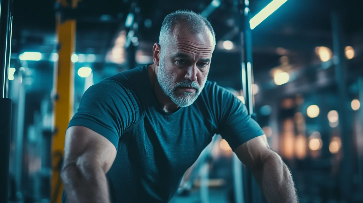 En medelålders man tränar intensivt på gymmet med fokus och styrka. Perfekt exempel på hälsa, träning, muskelbyggande och engagemang för en aktiv livsstil. Lågenergisljus och modern utrustning kompletterar scenen.Midcent - Hälsa.