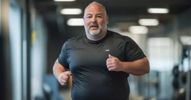 En medelålders man tränar intensivt på gymmet, iklädd svart sporttröja. Fokuserad på hälsosam livsstil och träning. Inspirerar till fysiskt välmående och motivation. Idealisk för hälsorelaterade ämnen.Midcent: Hälsa.