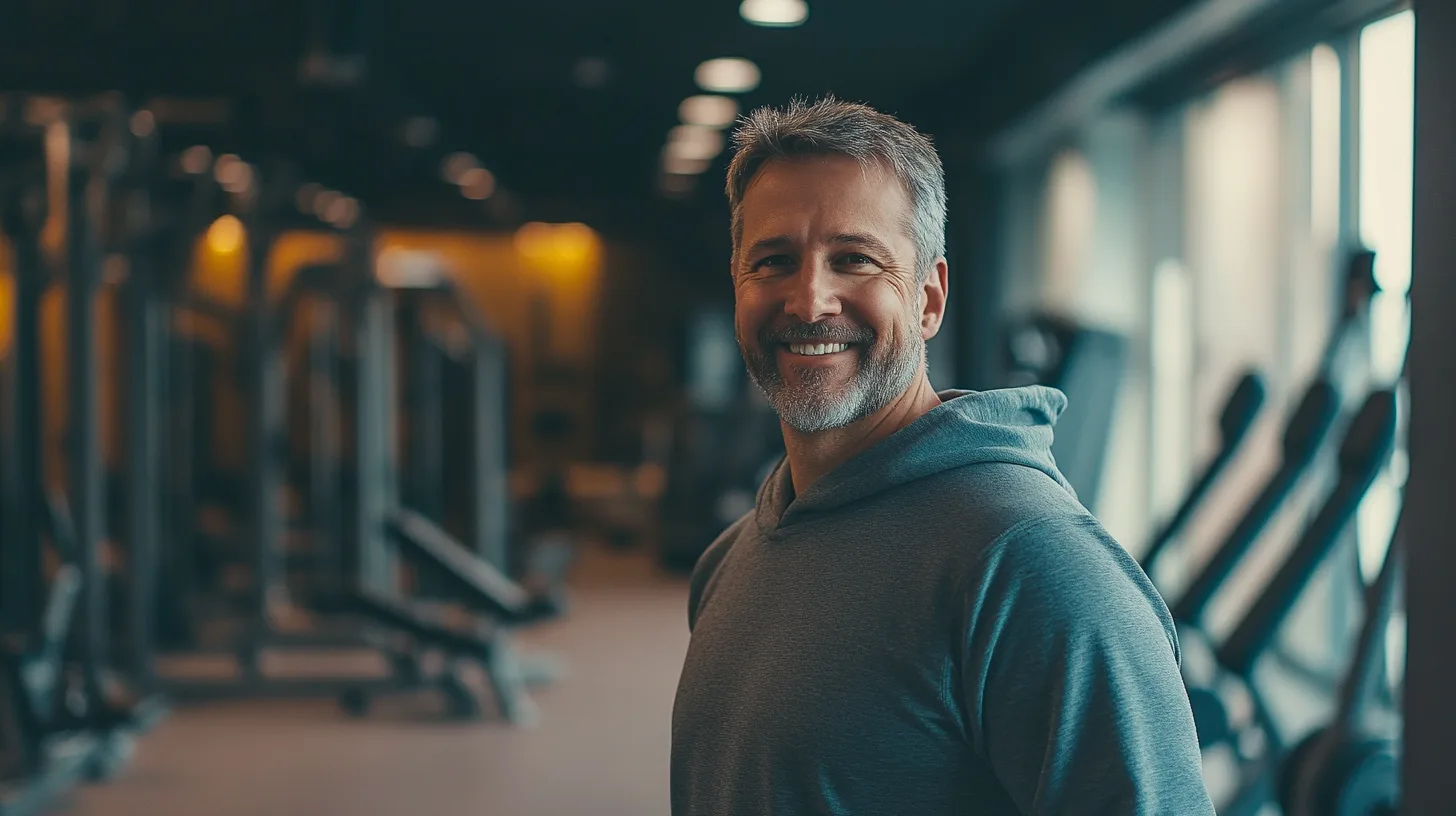 Midcent - En medelålders man i gymmiljö som utstrålar hälsa och välmående. Han bär en grå huvtröja och ser glad ut, omgiven av träningsutrustning. Perfekt för bloggar om fitness och livsstil. Kategori: Hälsa.
