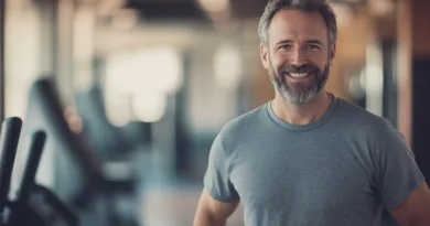 En medelålders man står leende i ett gym, iklädd en grå t-shirt, med träningsutrustning i bakgrunden. Bilden utstrålar hälsa och välmående. Midcent. Kategori: Hälsa.