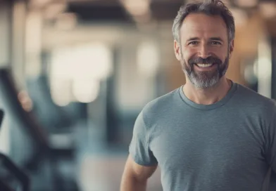 En medelålders man står leende i ett gym, iklädd en grå t-shirt, med träningsutrustning i bakgrunden. Bilden utstrålar hälsa och välmående. Midcent. Kategori: Hälsa.