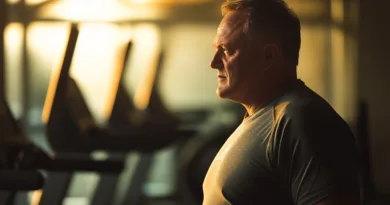 Midcent: En medelålders man fokuserar på sin träning i ett solbelyst gym, omgiven av moderna träningsmaskiner. Energi och beslutsamhet genomsyrar atmosfären. Kategori: Hälsa.