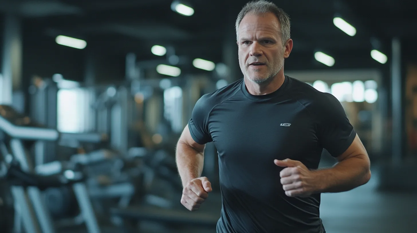 Midcent: En medelålders man tränar energiskt på ett gym, klädd i en svart sporttröja. Bilden fångar motivation och fysisk aktivitet, perfekt för hälsomedvetna artiklar och träningsrelaterat innehåll. Kategori: Hälsa.