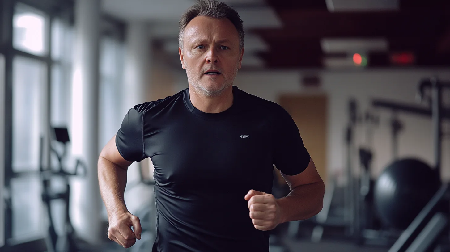 Midcent: En medelålders man springer inomhus iklädd träningskläder. Bilden fångar fokus och beslutsamhet under ett intensivt träningspass på gym. Perfekt för artiklar om motivation och fysisk hälsa. Kategori: Hälsa.
