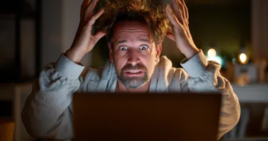 Midcent: En medelålders man framför en dator ser stressad ut, med händerna i håret. Fokus på teknologi och de utmaningar som kan uppstå vid användning av moderna enheter. Kategori: Teknik.