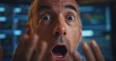 En medelålders man uttrycker chock framför datorskärmar med finansdata. Han ser förvånad ut, kanske på grund av plötsliga förändringar på marknaden. Bilden reflekterar intensiva känslor kopplade till ekonomiska beslut.Midcent Ekonomi.