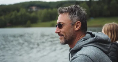 Midcent: En medelålders man i solglasögon njuter av naturen vid en sjö. Perfekt avslappning i en lugn utomhusmiljö. Kategori: Resa.