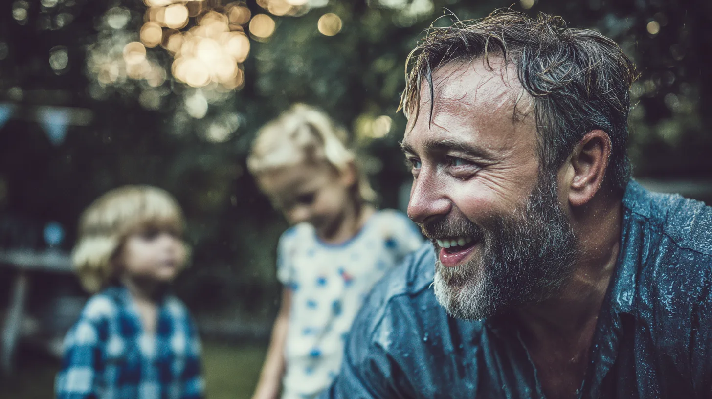 Midcent: En medelålders man ler glatt medan han leker utomhus med två barn i bakgrunden. Naturens lugn och familjegemenskap präglar bilden. Perfekt för den som söker inspiration och glädje i vardagen. Kategori: Samhälle.