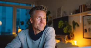 En medelålders man i ett hemtrevligt, upplyst rum med växter och konst på väggarna. Han ser avslappnad och nöjd ut, vilket förmedlar en känsla av lugn. Midcent. Underhållning.