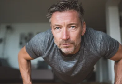 Midcent: En medelålders man tränar hemma, fokuserad och engagerad i sin dagliga träningsrutin. Hans dedikation till hälsa och välbefinnande är tydlig i den avslappnade hemmamiljön. Hälsa.