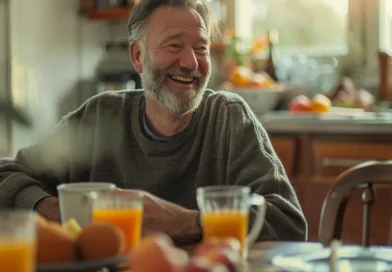 Midcent: En medelålders man njuter av en trevlig frukost med apelsinjuice och ägg i hemtrevlig atmosfär. Solstrålar fyller köket med värme och glädje. Perfekt start på dagen. Kategori: Mat.