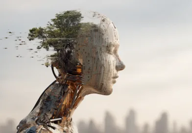 Midcent: En futuristisk digital skapelse där människa och natur möts i en harmonisk symbios. En ansiktsprofil av en humanoid med inbyggda kretsar och träd, symboliserar teknikens integration med miljön. Teknik.