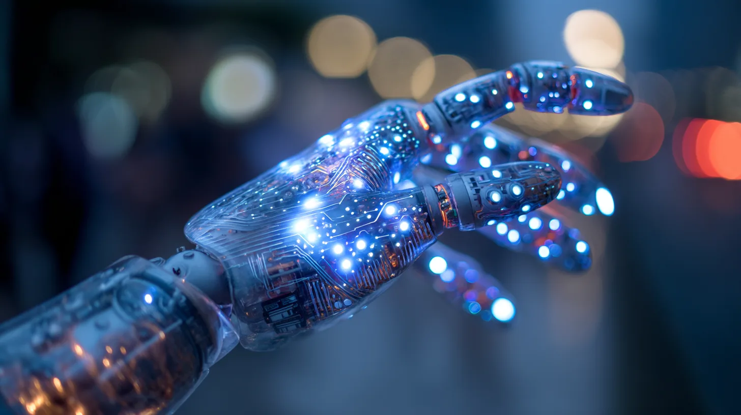 Midcent presenterar en futuristisk robotarm med lysande kretsar i urban miljö, vilket symboliserar teknologins framsteg och innovation. Teknik.