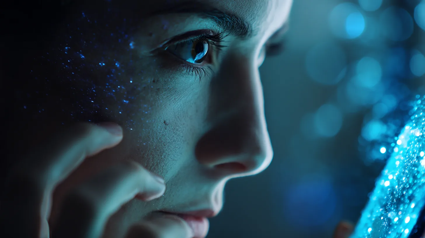 Midcent: Närbild av person med glittrande hudreflektion och blått ljus som skapar futuristisk atmosfär. Fokus på detaljer och teknologi. Kategori: Teknik.