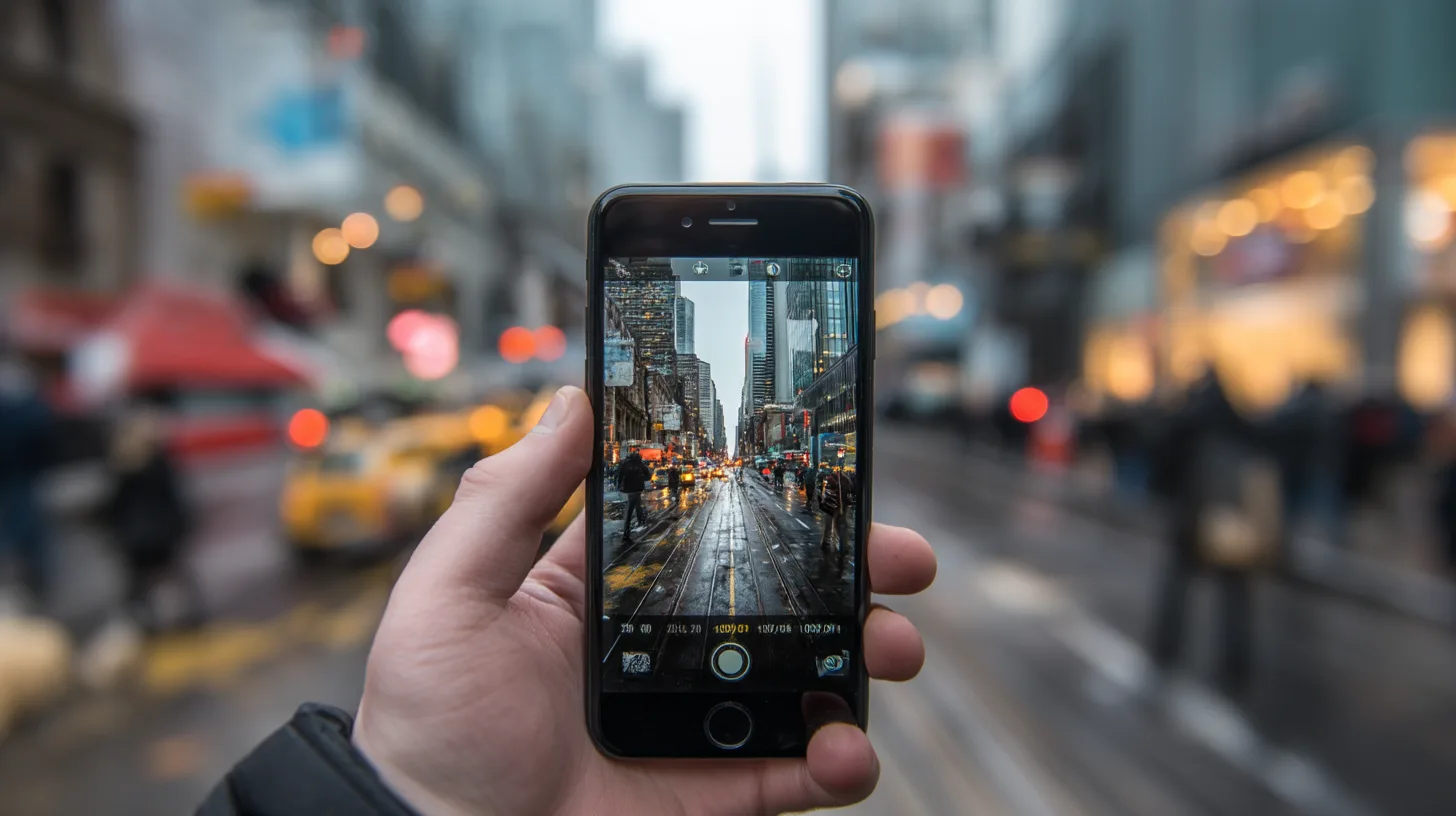 Midcent: En hand håller en smartphone som fångar en livlig stadsbild med skyskrapor och trafik. Perfekt representation av urban teknologi och fotografering i vardagen. Bilden illustrerar samhörigheten mellan teknik och det moderna stadslivet. Kategori: Teknik.