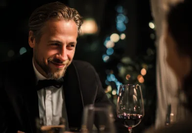 En medelålders man njuter av en elegant kvällsmiddag, klädd i svart kostym och slips. Omgivningen är trivsam med dämpad belysning och vin. Midcent. Underhållning.